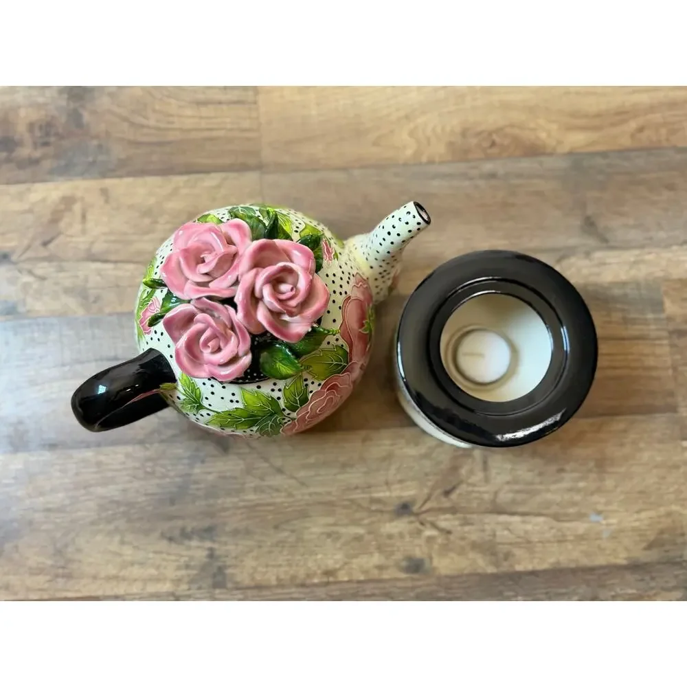 J McCall Blue Sky 2004 Floral Rose Polka Dot Teapot Tea Warmer Set Vintage